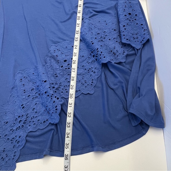 Chicos Womens Aster Blue 1/2 Sleeve Boho Lace Trim Rayon Stretchy Tunic Top Sz 1 - Picture 12 of 15